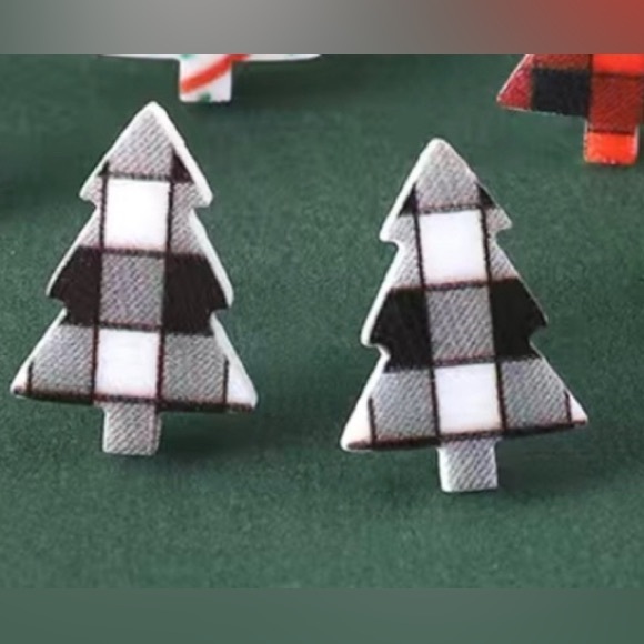 Earrings Christmas Tree Pierced Set of 3 Checkered, Red Garland Green Ornaments - Picture 6 of 6